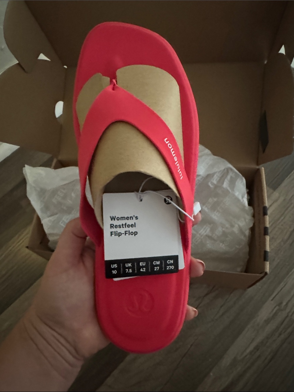 lululemon athletica Women's Restfeel Flip-Flop in red glow.